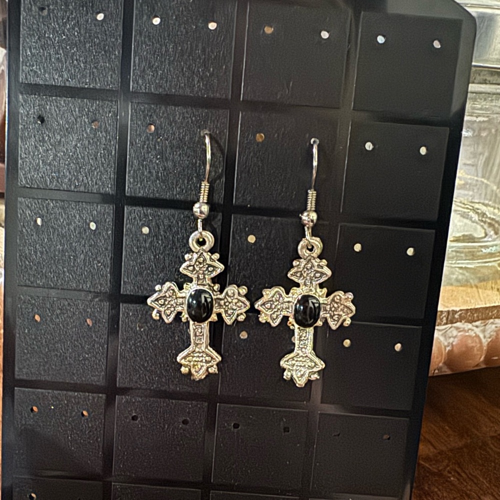 Vintage Silver and Black Cross Earrings